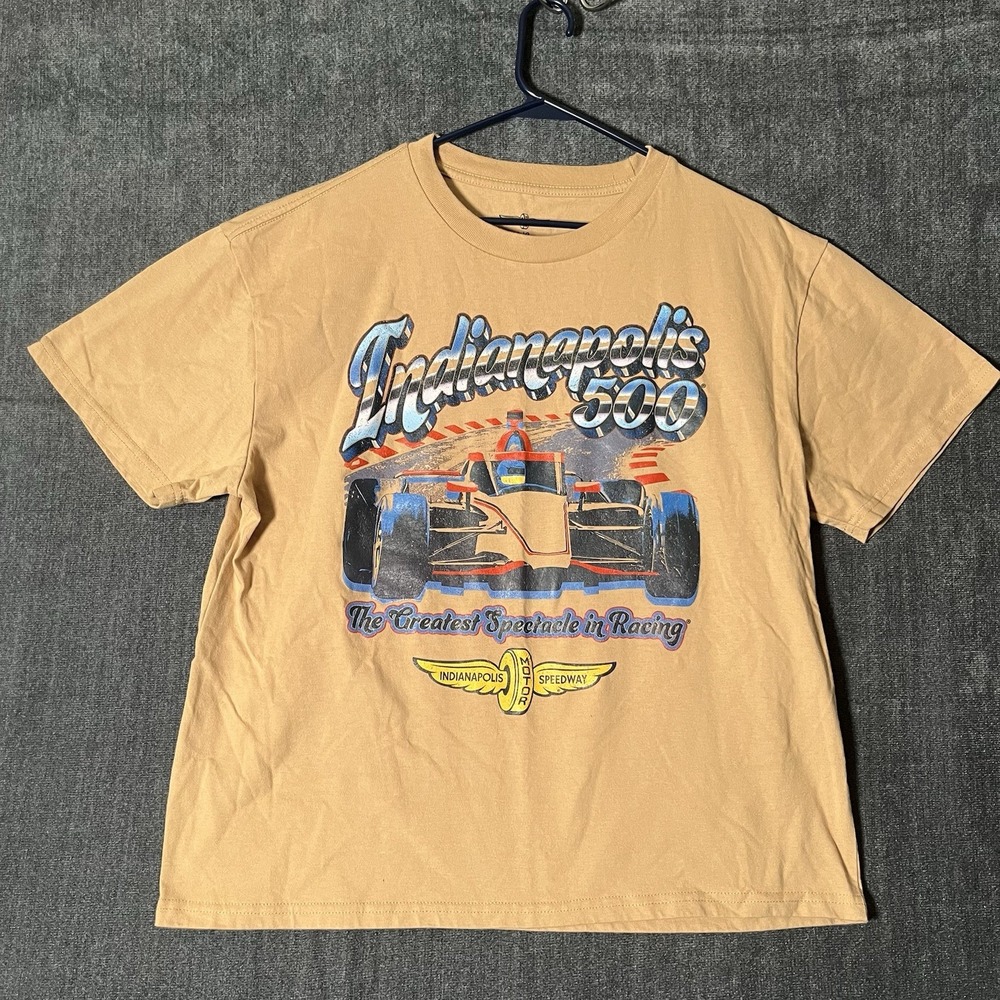 Mad Engine Indianapolis 500 Indianapolis Motor Speedway Tan Shirt Size L